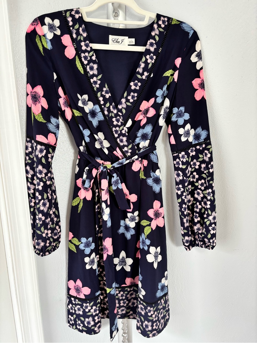 Eliza J Navy Floral Wrap Dress with Pink & Blue Blooms